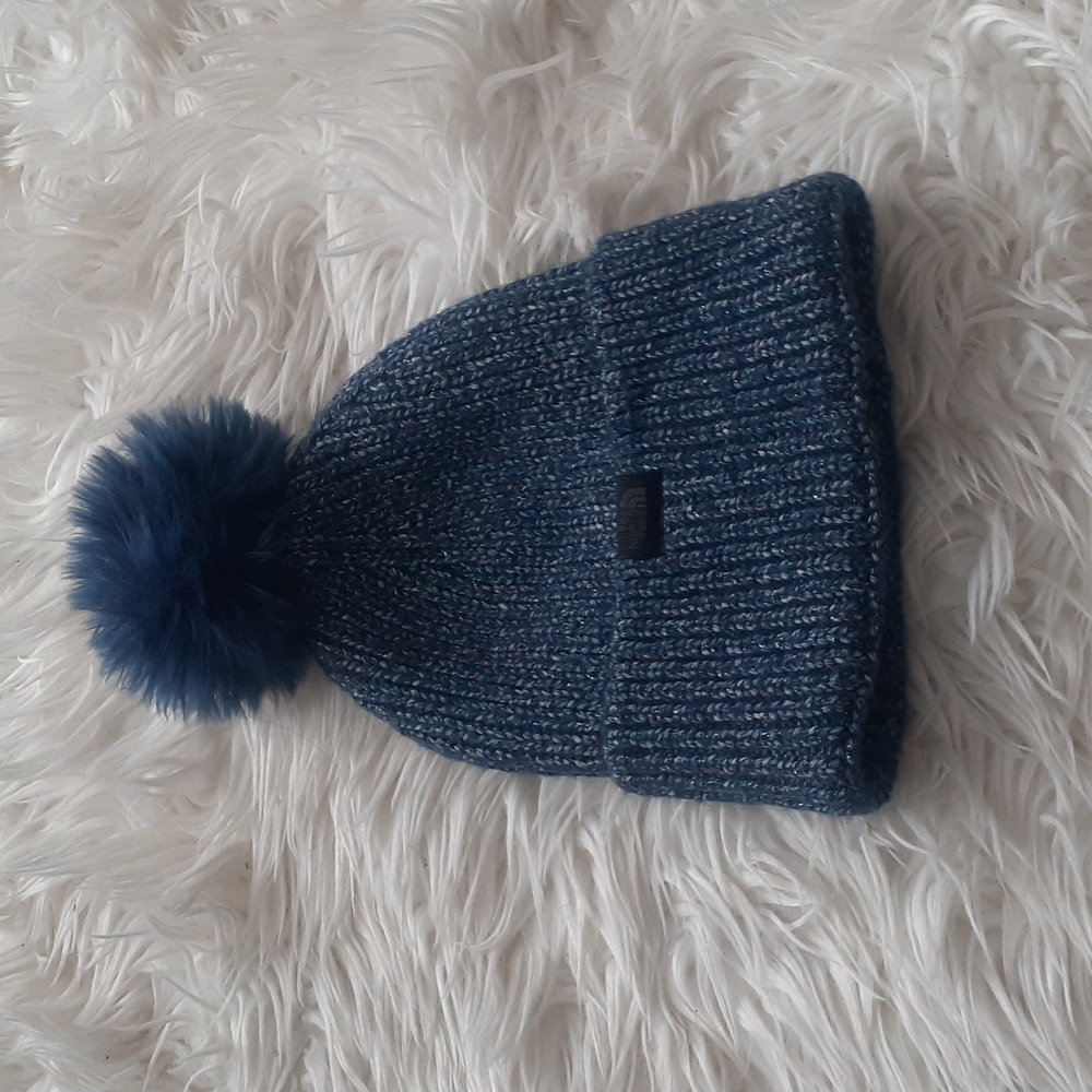 The North Face Navy Blue Metallic Knit Pom Pom Beanie Hat